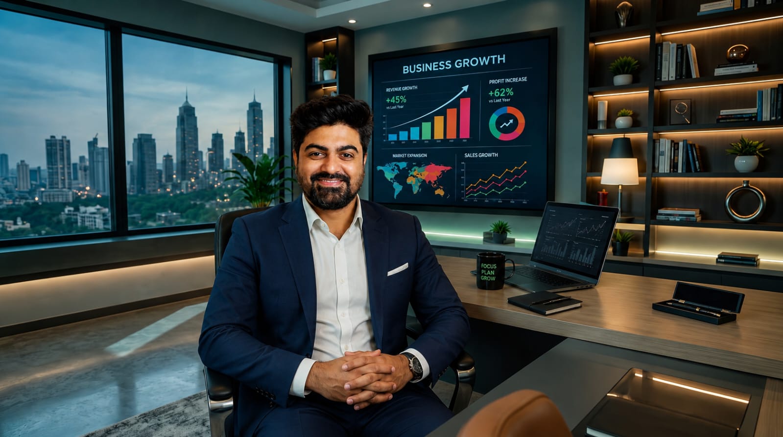 Nirmit Rajdhan, founder of MOSH Digital Services, in his office with business growth dashboards